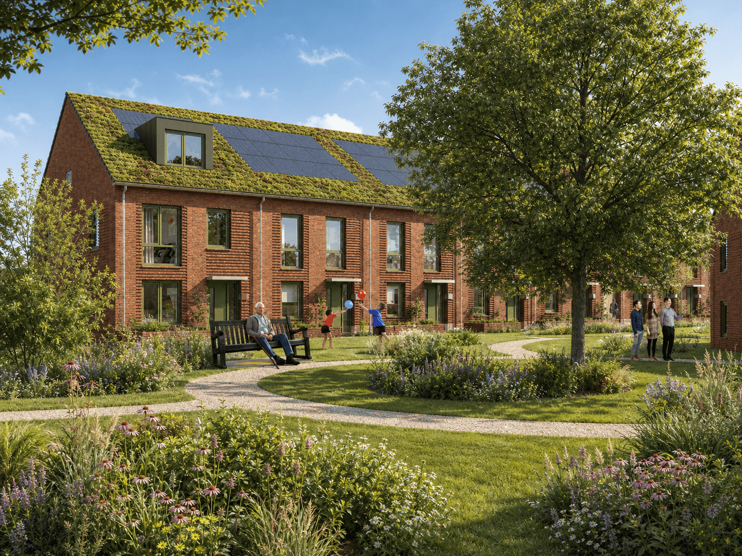 Sfeerimpressie van woningen rond een groene openbare ruimte
