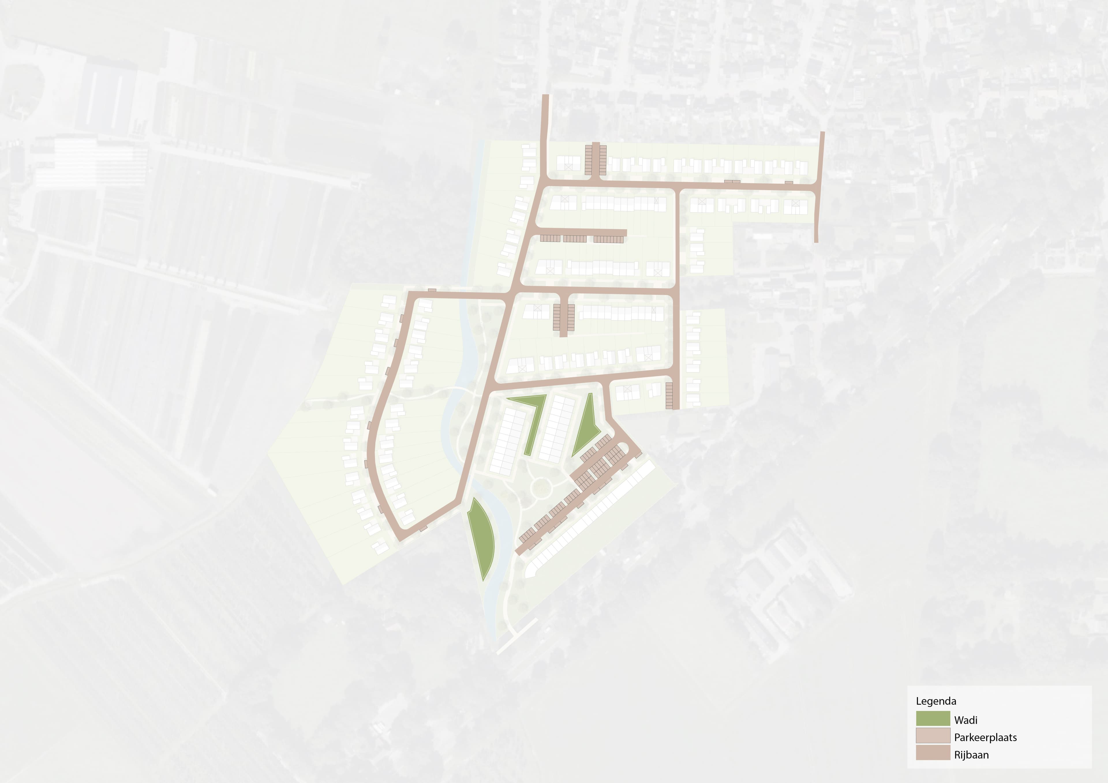 Plan met zones voor waterberging, infrastructuur en wadi's