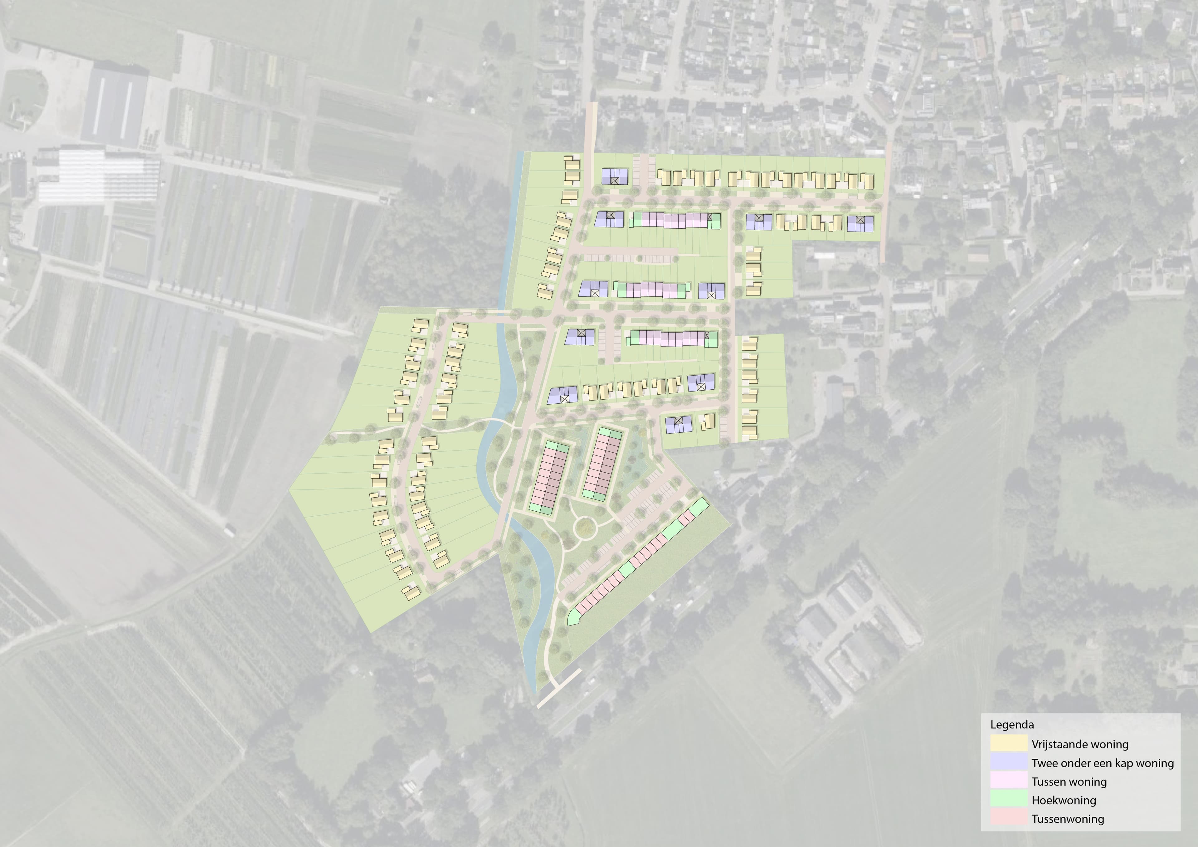 Kaart met de verdeling van woningtypen in het plan