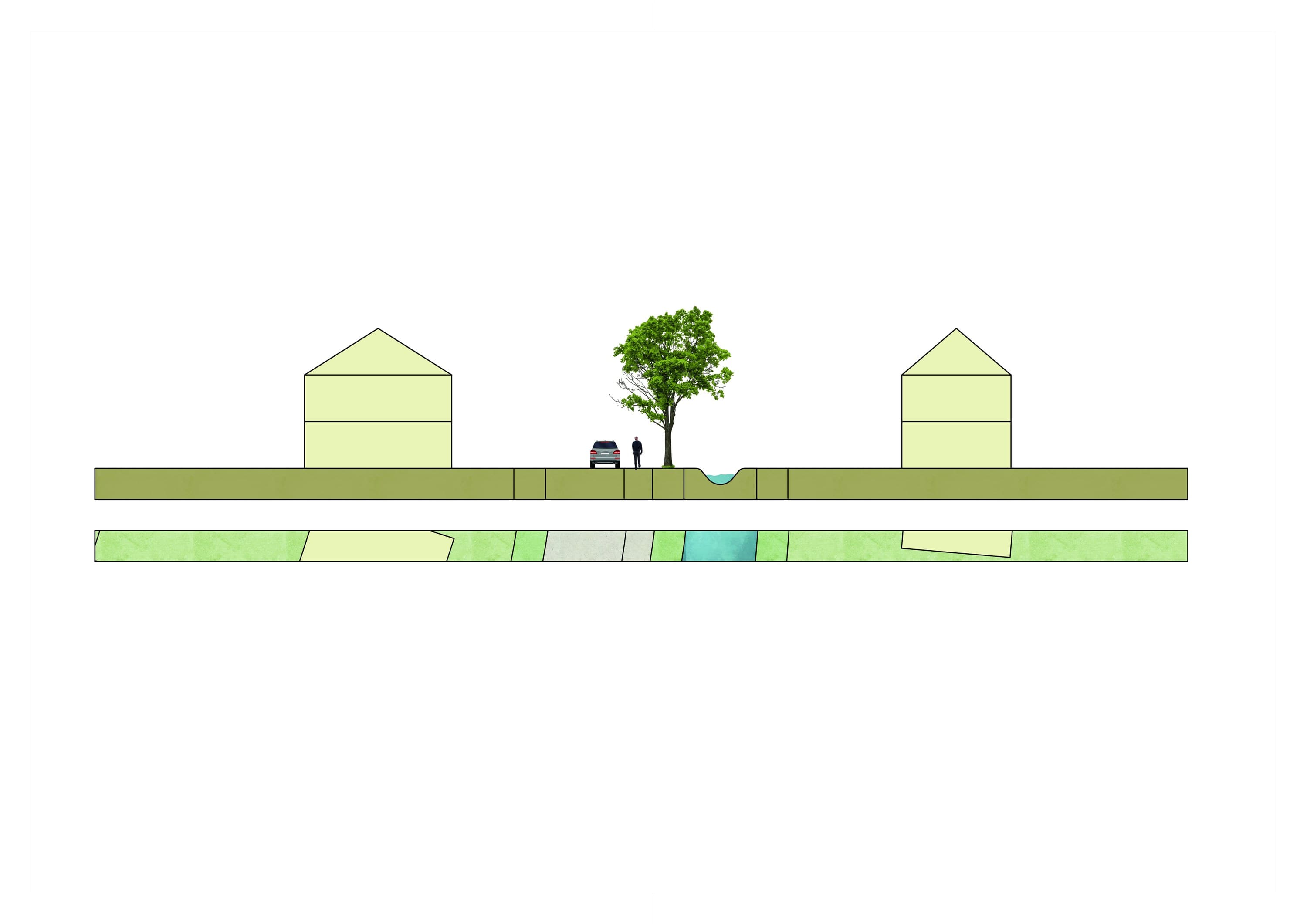 Doorsnede van een woonstraat met boom, voetpad en watergang