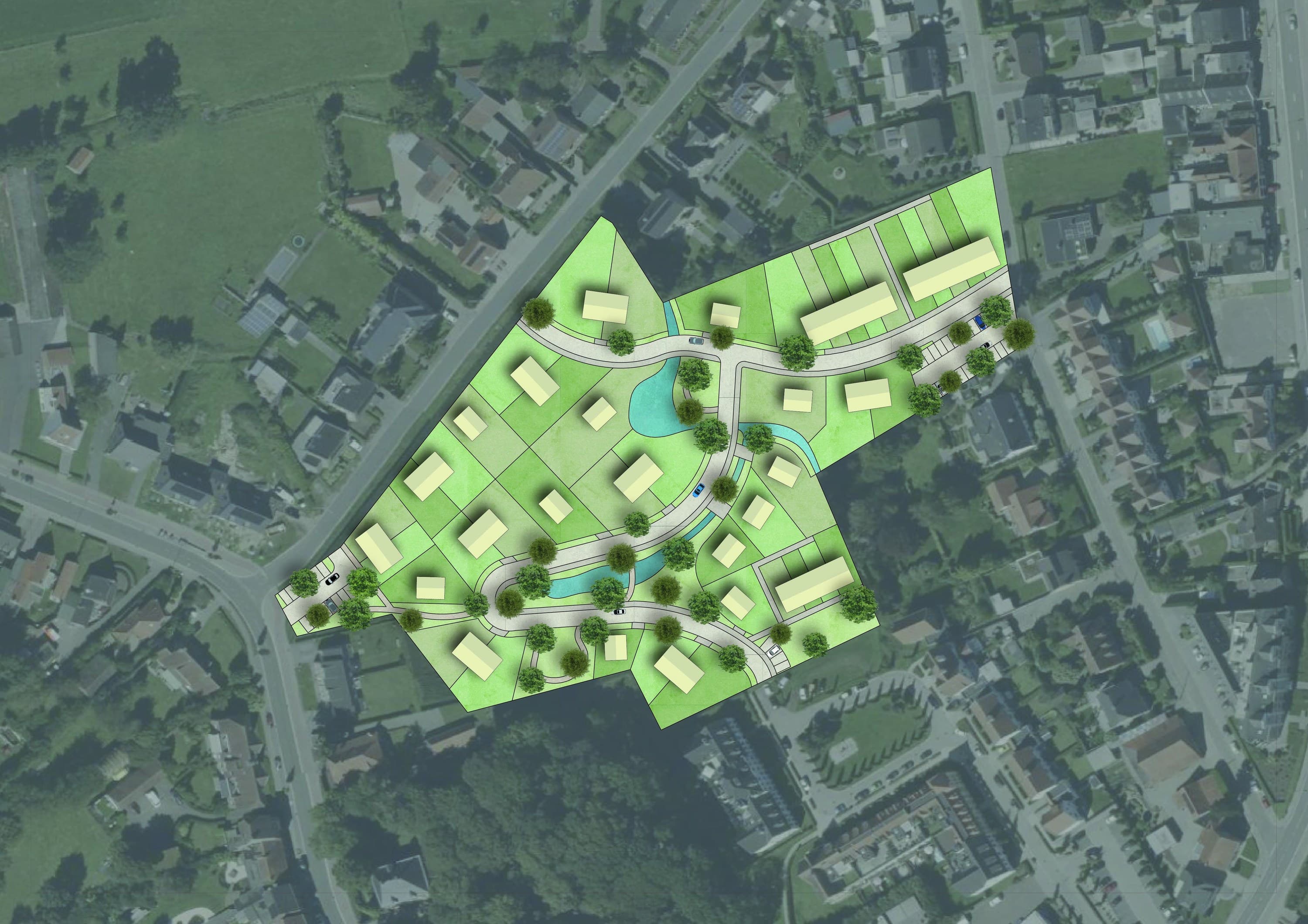 Inbreidingsplan voor Poppel met woningen rond een golvende groen- en waterstructuur