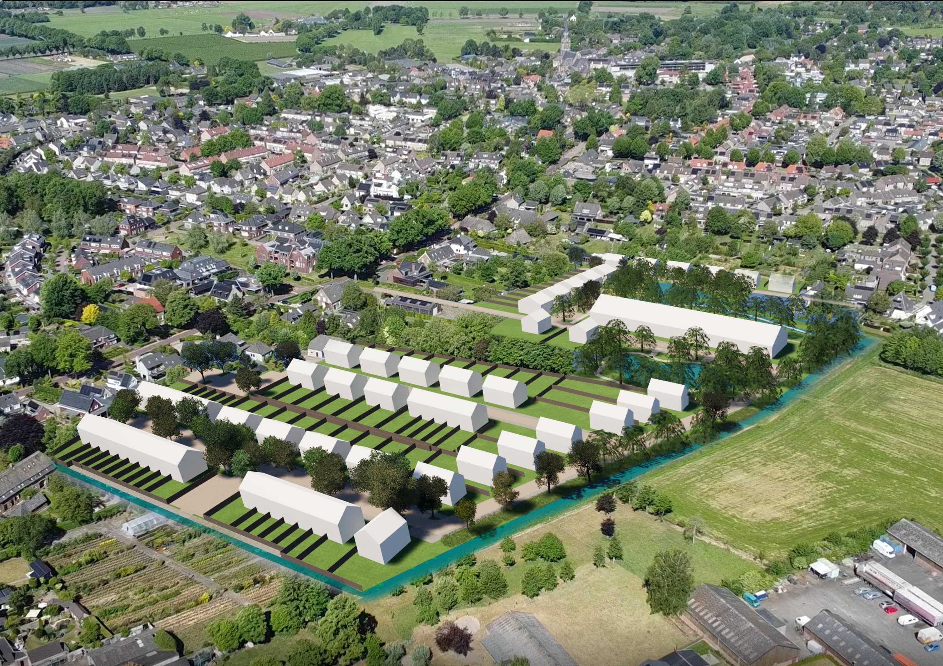 Luchtbeeld van de ontworpen dorpsuitbreiding aan de oostzijde van Den Dungen